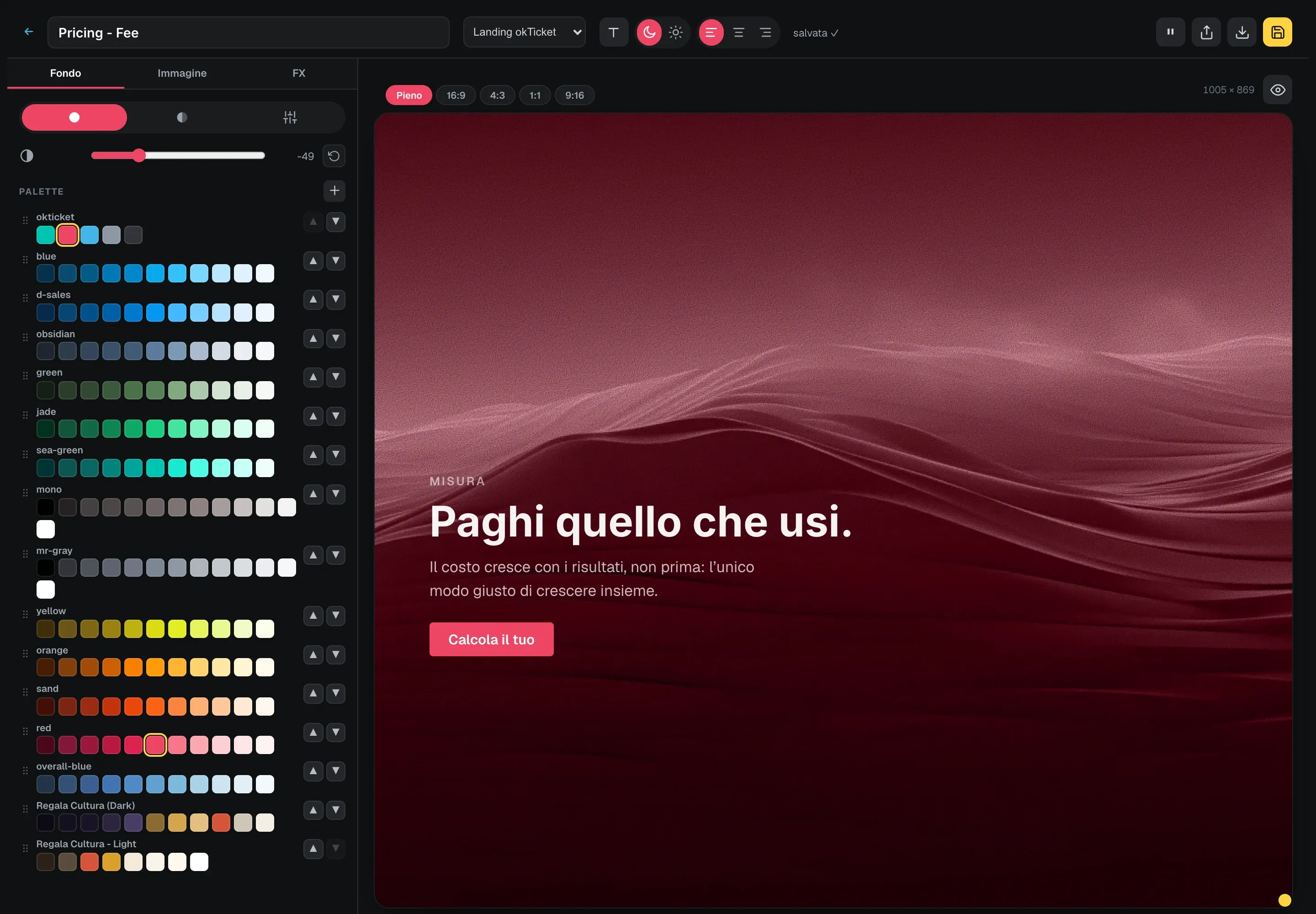 Il composer del Backdrop Factory aperto sulla combinazione «Pricing - Fee»: a sinistra le palette e i controlli del fondo, a destra il palco con lo sfondo rosso in movimento e il contenuto di prova.