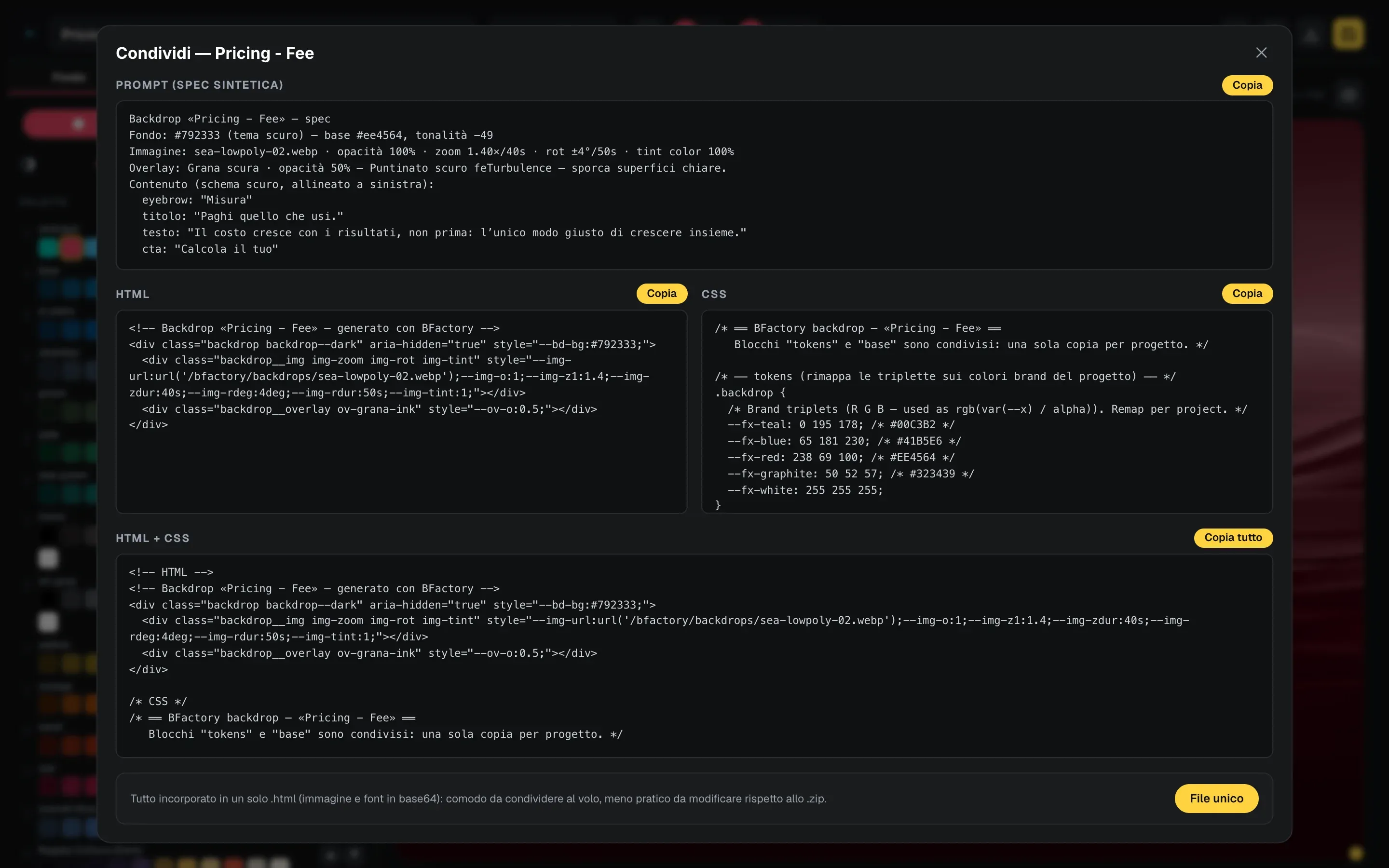 Il dialogo «Condividi» del Backdrop Factory: la spec sintetica, i blocchi HTML, CSS e HTML+CSS con il bottone Copia, e in fondo il bottone «File unico».