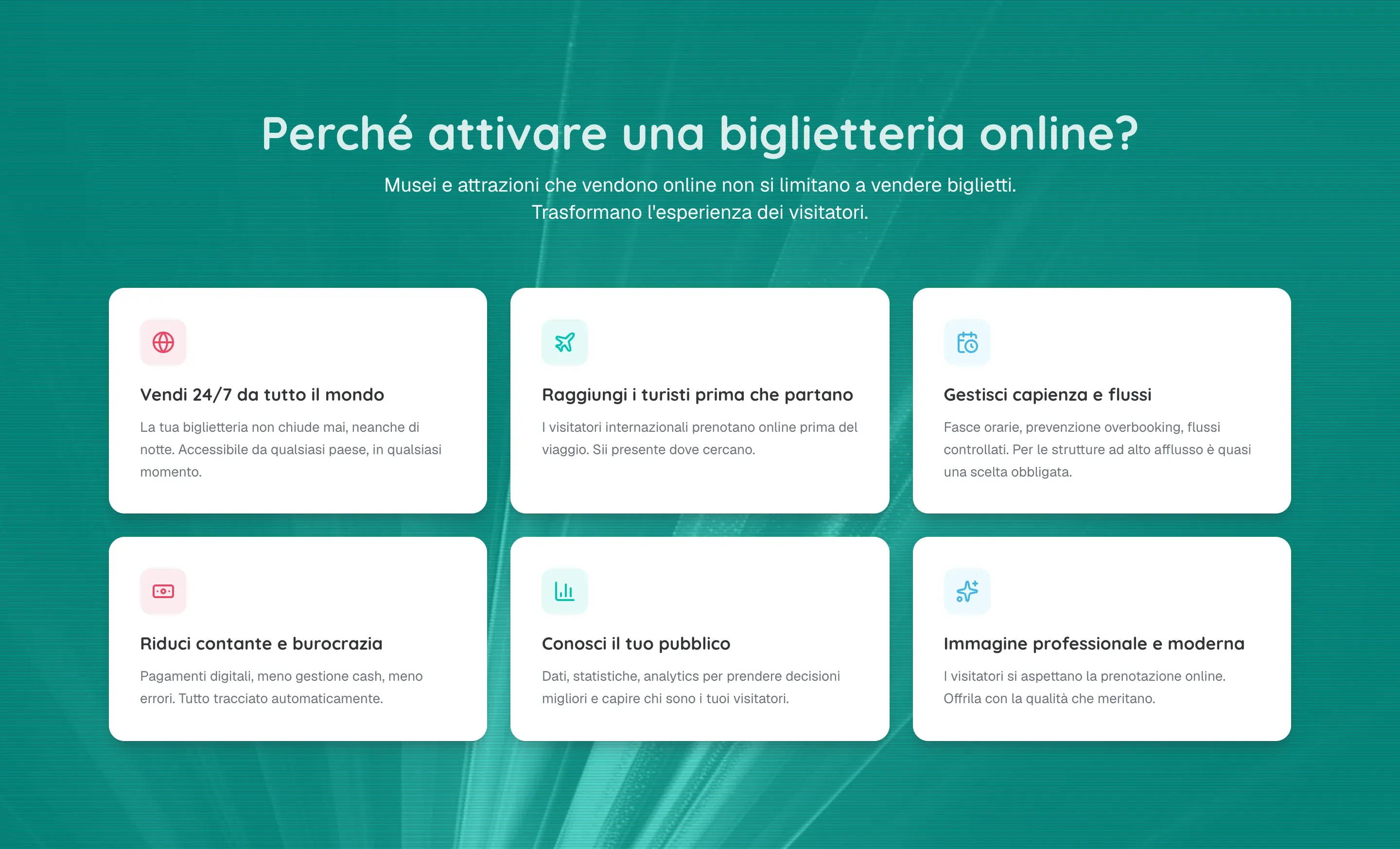 La sezione dei vantaggi della landing okTicket: sei schede bianche su un fondo verde con un fascio di luce.