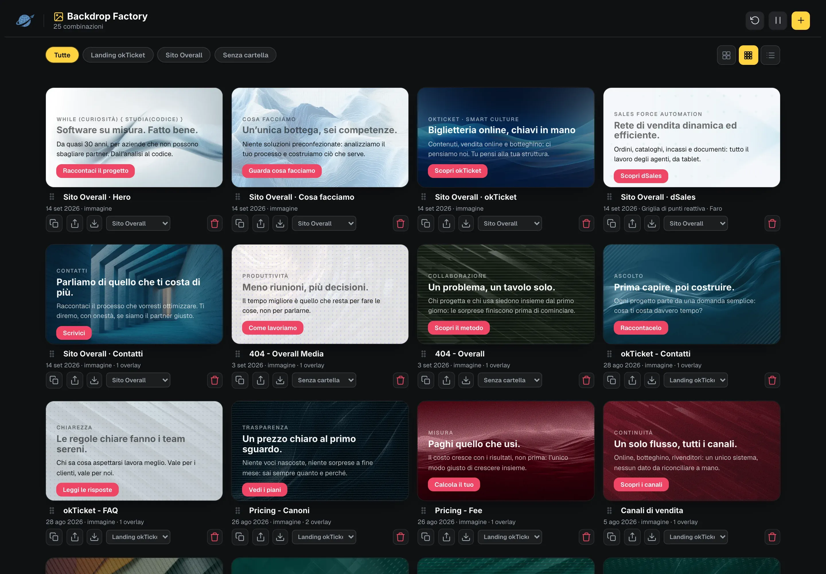 The Backdrop Factory showcase: a grid of saved combinations, each with its live backdrop and its trial content.